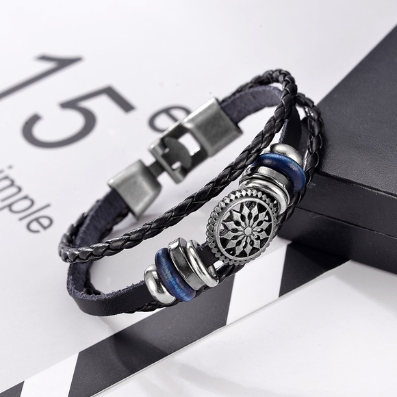 Vintage Compass Charm Multilayer Leather Bracelet - Picture 3 of 8